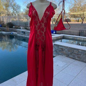 Full length red chemise with matching bottoms